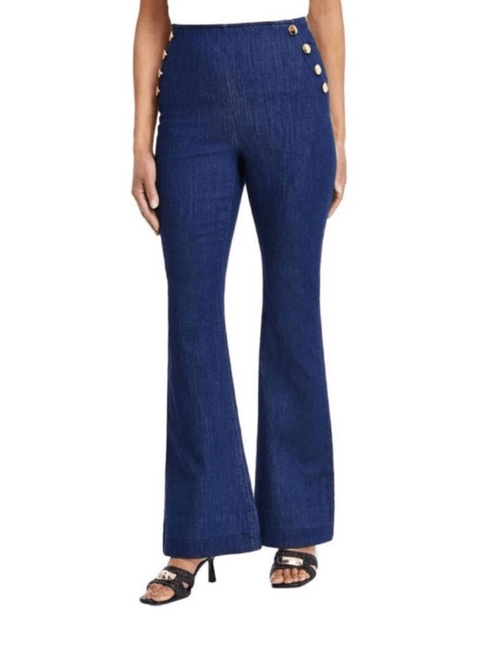 EUC INC DESIGN Gold Button Dark Blue Jeans Pull-On Flare Wide Leg ๐TRENDY! - Picture 2 of 16